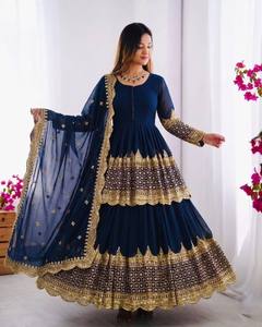 Costume Anarkali traditionnel bleu marine pour femmes avec dupatta brodé, coupe ample, longueur au sol, tenue de mariage, style Inde Pakistan - Product Image 2