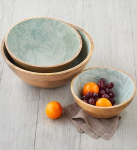 Solid Wood Grain Acacia Wooden Food Fruit Bowls Custom made Sticker Enamel Printed Round Salad Bowls <b>Set</b> - Product Image 1
