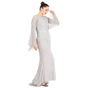 Robe de soirée longue à manches longues, ornée de perles, robe de soirée brodée de fleurs pour femmes - Product Image 4