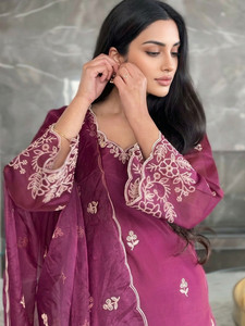 Maroon Rayon Ankle-Length <b>Kurta</b> Set Embroidered Neckline Dupatta Loose Fit Traditional Indian Pakistani <b>Women</b> Party Wear Diwali - Product Image 4