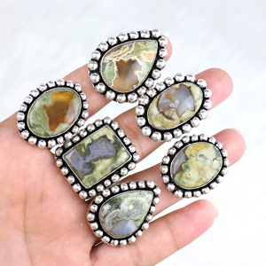 Anillo de Piedras Preciosas Artesanal de Plata de Ley 925 con Borde de Cuentas y Jaspe Natural de Latón Vintage, Suministro al por Mayor de Joyería - Product Image 1