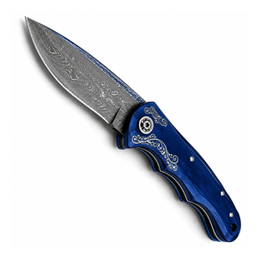 Cuchillo de bolsillo de acero de Damasco con punta de gota, mango de aluminio azul, pomo de pulgar, grado industrial, hoja recta de 0.6mm de espesor - Product Image 2