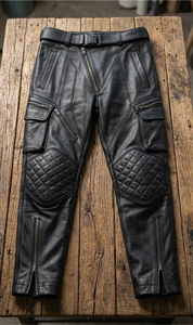 <b>Men's</b> Custom Black <b>Leather</b> Motorcycle <b>Pants</b> with Quilted Knee Pads Zippered Cargo Pockets Waterproof Windproof All Seasons Wear - Product Image 3