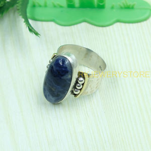 Natural Sodalite <b>Ring</b> 925 Sterling <b>Silver</b> <b>Ring</b> with Brass Design Hammered <b>Ring</b> <b>Statement</b> <b>Ring</b> Sodalite Jewelry Christmas Gift - Product Image 6
