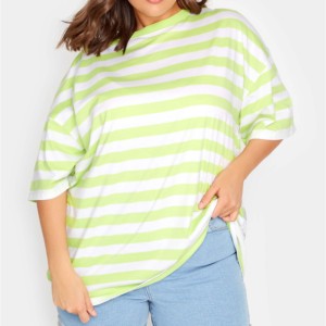 Camiseta de Mujer, Corte Regular, a Rayas, Cuello Redondo, Manga Corta, Verde y Blanca, Tejido de Punto Jersey, 100% Algodón Orgánico, Verano, Denim - Product Image 1