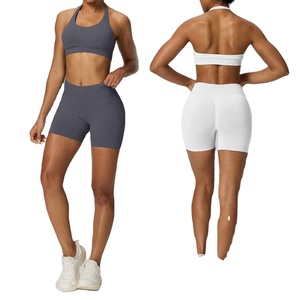 ชุดบราโยคะไร้ตะเข็บเนื้อผ้าบางเบาพร้อมกางเกงขาสั้นเอวสูง แห้งเร็ว ชุดออกกำลังกาย 2 ชิ้น สำหรับผู้หญิง เสื้อผ้าโยคะฟิตเนส - Product Image 1