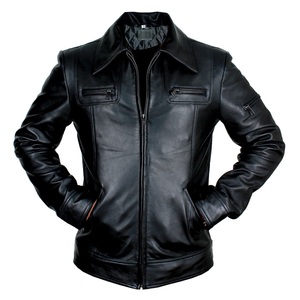 Blouson moto en cuir véritable noir pour homme, col rabattable, fermeture éclair, manches classiques, vêtement d'extérieur décontracté d'automne, en cuir de chèvre véritable pour homme. - Product Image 1