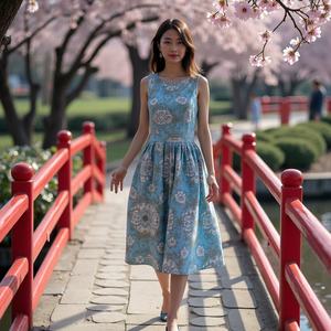 Vestido Midi de Algodón Transpirable, Dulce y Elegante para Mujer, Estampado Floral, Color Azul Polvo, Hecho a Mano en India, Silueta Fruncida - Product Image 6