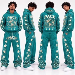 mens retro <b>emerald</b> <b>green</b> tracksuit allover star pattern puff print hooded pullover wide leg flare sweat pants heavy fleece set - Product Image 2