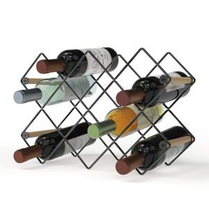 Exhibidor de Botellas de Vino de Hierro Independiente con Soportes de Madera Natural, Organizador de Vino Minimalista de Alambre Negro - Product Image 3