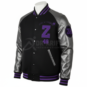 Veste universitaire noire pour homme, manches en cuir PU, broderie Z 46, style streetwear, col rabattu, taille plus, automne - Product Image 2