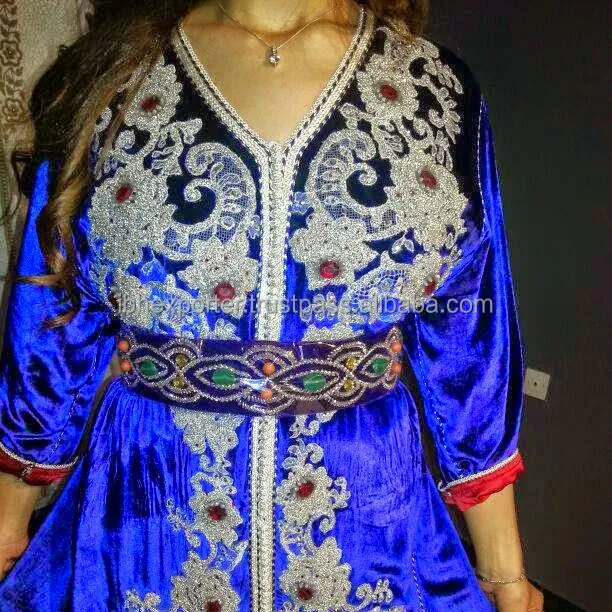 Royal Blue Velvet Fabric Kaftan With Shiny Embroidery, Lace and Stone Work With Belt Most Satisfying Caftan For Muslim Womens