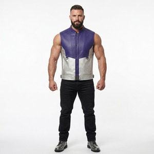 <b>Men's</b> Purple Grey Color Block Synthetic Leather Biker Vest Stand Collar Adjustable <b>Belt</b> Waist - Product Image 2