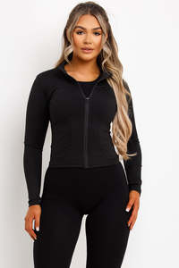 Black Full Length Sleeve Stand Neck <b>Zipper</b> Front Yoga <b>Top</b> With Pockets Solid Color Active Stretch Sportswear - Product Image 3