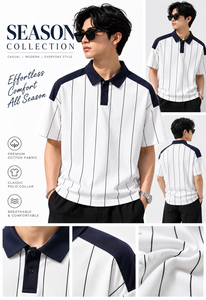 Polo a rayas verticales blancas y azul marino para hombre – Camiseta de manga corta informal para golf y sudaderas con capucha para hombre - Product Image 3