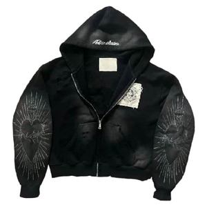 Sudadera con capucha y cremallera para hombre, con bordado de corazón gótico, de punto negro, corte oversize y estilo crop, manga normal, estilo streetwear de otoño - Product Image 1