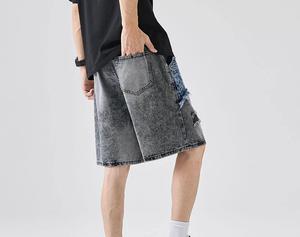 Men's Ripped <b>Denim</b> Bermuda Shorts Mid Waist Button Fly Casual Style Cotton Fabric Patchwork Design Breathable Woven <b>Material</b> - Product Image 5