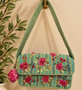 Bolso de Hombro con Solapa Bordado a Mano con Cuentas Decorativas Verde Azulado para Mujer, Ideal para Fiestas Nocturnas, Venta al por Mayor - Product Image 1