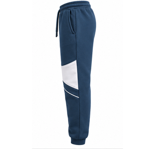 Custom Dark Blue Fleece <b>Jogger</b> Pants <b>White</b> Curved Contrast Panel Design Elastic Waist Ribbed Cuffs Wholesale OEM Clothing - Product Image 2