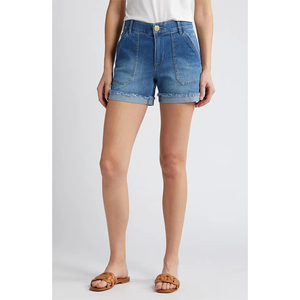 Shorts de mezclilla de cintura alta transpirables para mujer, diseño cómodo y holgado con dobladillo rizado, pantalones cortos de mezclilla para mujer - Product Image 1