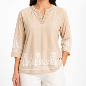 Top de punto casual para mujer, de algodón premium, con cuello en V, estampado en el borde, corte regular, manga 3/4 y ribete de crochet, ideal para el verano. - Product Image 1
