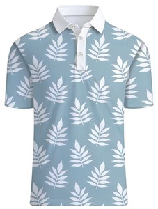 Men's Light Blue White Leaf Print Short Sleeve Polo Shirt Casual Breathable Cotton Oxford Fabric Digital Printed Regular Fit - Product Image 3