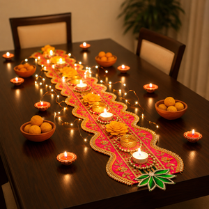 Camino de mesa rosa con diseño de loto para Diwali, con portavelas y encaje dorado, para mesa de comedor, bodas, decoración del hogar y festivales. - Product Image 2