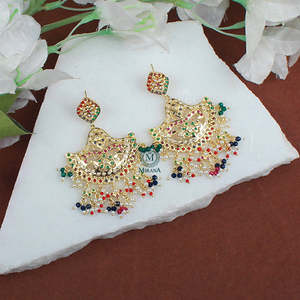 Falisha 18K Gold Plated Multi Colour Jadau Designer Earrings with Pearl and Shell - Product Image 2