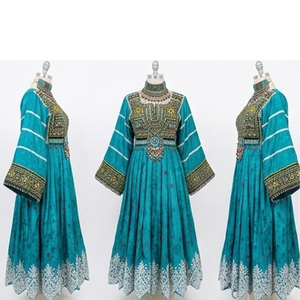 Women Salwar Kameez Floor Length Embroidered Dress Polyester Loose Fit Wedding Wear <b>Blue</b> Green Patterned Afghan kuchi Dress - Product Image 6