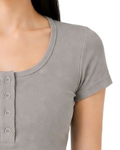 เสื้อครอปแขนสั้นทรงเข้ารูปสำหรับผู้หญิง สีเทา ผ้าริบเนื้อนุ่ม ผสมคอตตอนและสแปนเด็กซ์ ยืดหยุ่นได้ สไตล์ลำลอง เหมาะสำหรับฤดูร้อน มีกระดุม  แฟชั่นสำหรับสุภาพสตรี - Product Image 4
