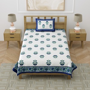 Heritage <b>Single</b> Cotton <b>Bedsheet</b> Hand Block Floral Print with Blue Border and Pillow Cover for Home Hotel Bedding - Product Image 1