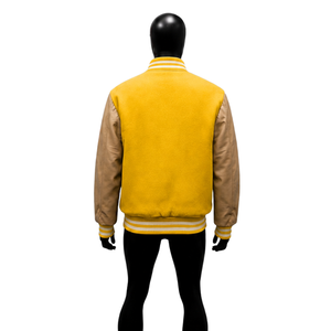 Premium <b>Yellow</b> <b>Wool</b> Varsity Jacket With Beige Leather Sleeves Custom Letterman Baseball Bomber Jacket For Men Women Wholesale Cl - Product Image 2