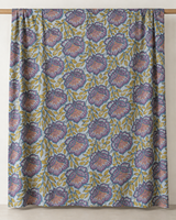 Tissu en coton à motifs floraux violet et rose, fleurs audacieuses avec des contours turquoise et des feuilles moutarde, imprimé à la main en Inde, 80 GSM