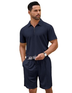Classic Men's Summer Two-Piece Fleece Floral Outfit Zip Polo <b>Collar</b> <b>T</b>-<b>Shirt</b> Elastic Waist Short Pant Casual Sportswear Jogging - Product Image 1