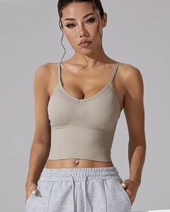 Ladies Low Cut Plunge Strappy Yoga <b>Bra</b> | Soft Breathable Running Crop Tank | Solid Color Non-Printed <b>Stretch</b> Gym Brassiere - Product Image 1