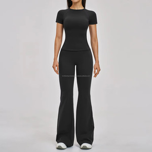 Women's 2 Piece Yoga <b>Set</b> <b>Square</b> Neck Short Sleeve Mid Waist Sweat-Wicking Solid Color Activewear Shorts Custom Front Print - Product Image 4