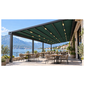 Pérgola Moderna de Tela Roja al por Mayor con Estructura de PVC Impermeable, Motorizada, con Luces LED RGB, Techo Parasol Ecológico para Exteriores y Playa - Product Image 1