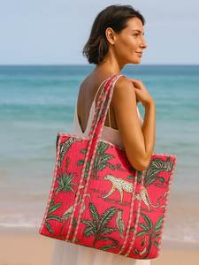 Best Seller <b>Hot</b> <b>Pink</b> Jungle Animal Leopard Cotton Kantha Quilted Storage Tote <b>Bag</b> Women Shoulder Travel Carrying Handbag Striped - Product Image 1
