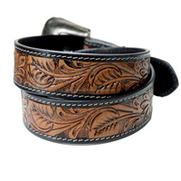 Ceinture d'outillage en cuir occidental gravée de feuilles à la mode pour hommes ceinture de cow-boy sculptée à la main avec boucle et boucle en laiton floral