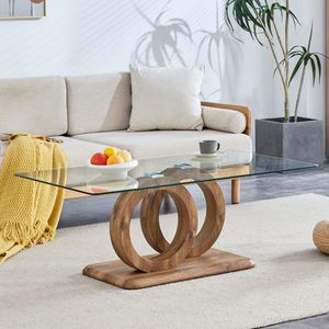 Tavolino da Caffè Moderno con Piano in Vetro e Base in Legno Naturale in MDF per Soggiorni e Zone Relax - Product Image 1