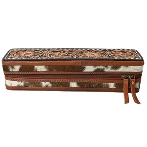 Bohemian Autumn Western Floral Tooled Leather Cow Fur Decorative <b>Storage</b> Case Genuine Cowhide Leather Brush Holder Makeup - Product Image 1