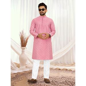 TENDANCE SOIE LUCKNOWI SEQUENCE TRAVAIL HOMME KURTA AVEC PAYJAMA PÊCHE - Product Image 1