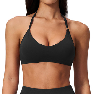 Comfortable Custom Logo Ribbed Seamless Halter Hollow Open <b>Back</b> Removable <b>Pads</b> Yoga Bra Women Gym Running Workout Sports Bra - Product Image 3
