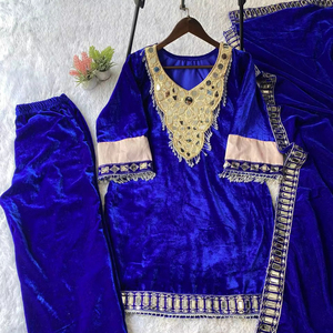 Ensemble haut et pantalon palazzo en velours avec broderie sequin et patchwork, entièrement cousu à l'intérieur, tailles M, L, XL et XXL pour femmes - Product Image 1