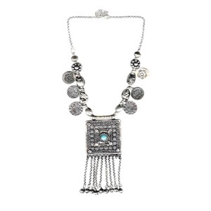 Bohemian Silver Tassel Pendant <b>Necklace</b>. Handcrafted with intricate detailing, this <b>statement</b> piece beautifully engraved - Product Image 1