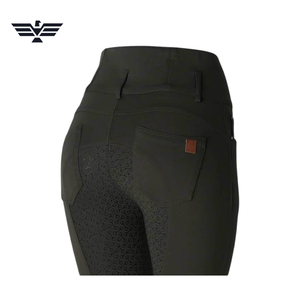Equiline <b>Women</b> High Waist Full Length Riding Pants with Zipper <b>Fly</b> and Pockets Solid Black Spandex Nylon Material 300g - Product Image 3