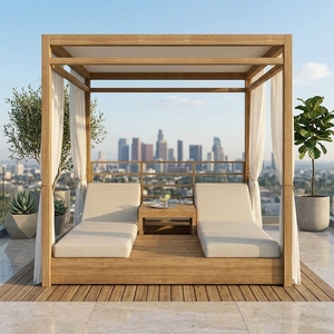 Lit de repos d'extérieur en bois moderne, chaise longue double avec coussins et rideaux pour piscine, villa, complexe hôtelier, patio, projets de jardin - Product Image 1