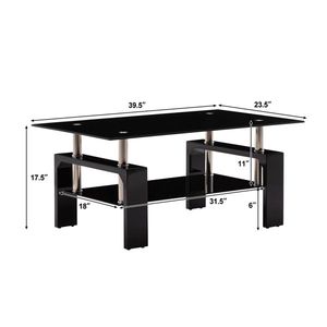 Modern Black Rectangle Coffee Table with Side Highlight Glass Top and Shelf for Living Room - Product Image 3