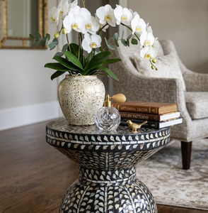 Handcrafted Mother of Pearl Inlay Geometric Side <b>Table</b> <b>Stool</b> Accent Modern Boho Coastal Decorative Furniture from Vietnam - Product Image 4