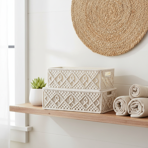 Handmade Macram <b>White</b> Cotton Rope <b>Storage</b> <b>Basket</b> Set of 2 with Multi-Purpose Decorative Shelf Organizer for Home Kitchen Bedroom - Product Image 4